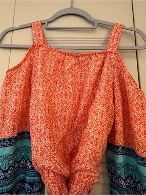 Women's Orange Printed Cold-Shoulder Top